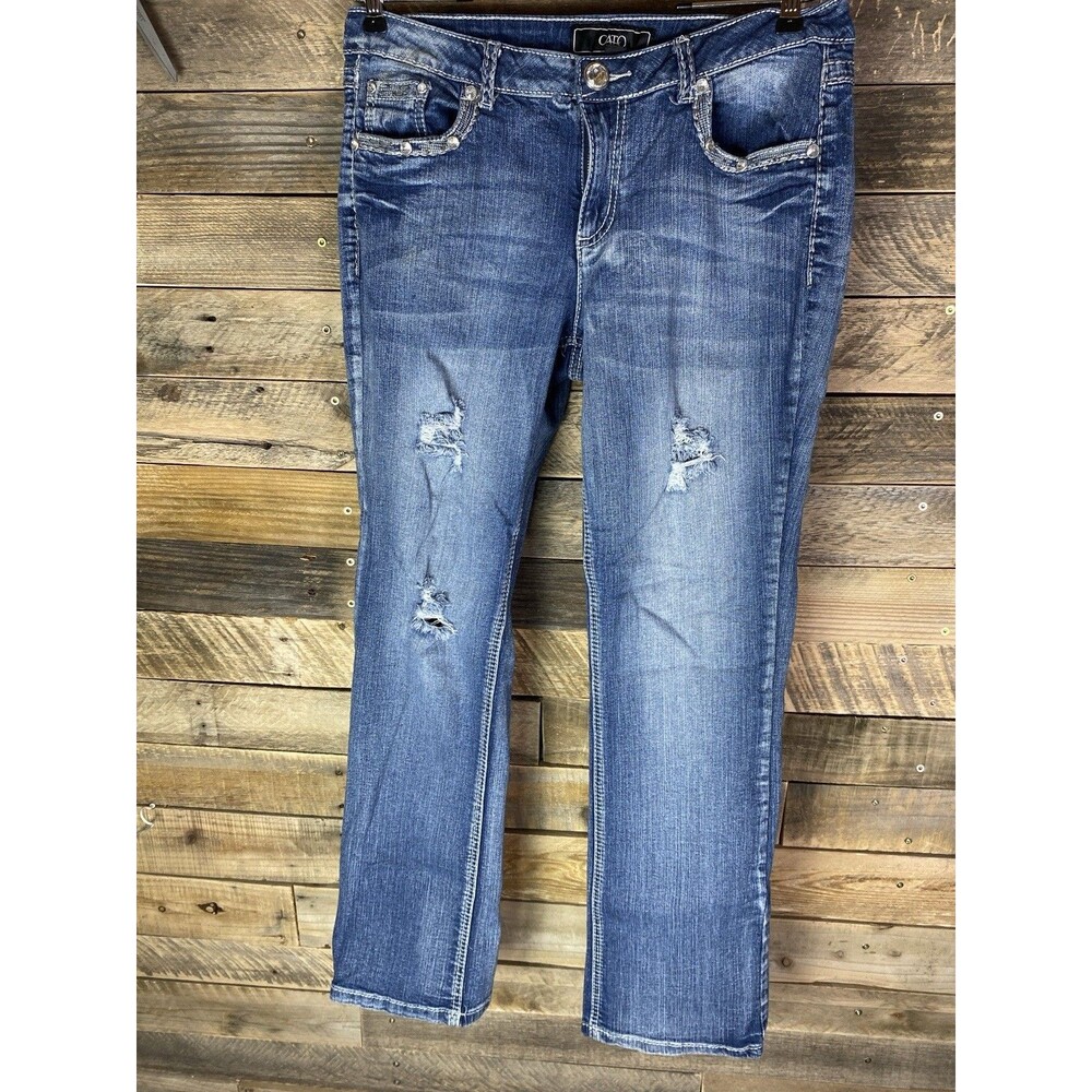 CATO Jeans Women’s Blue Wash Size 12 Distressed Stretch Embellished Straight Leg